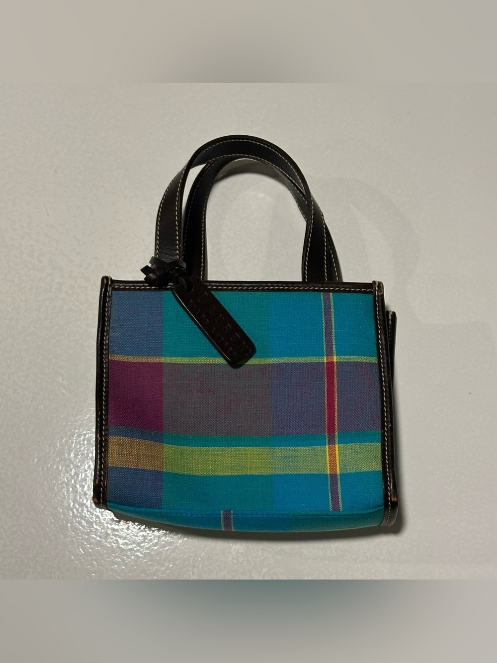 Ralph Lauren Multicolor Mini Plaid Tote Handbag - Blue/ Teal/ Leather Handles
